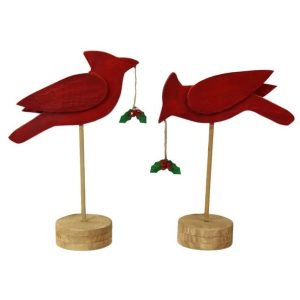 S/2 ~11.5-12.5"H Wood Cardinal W/Holly